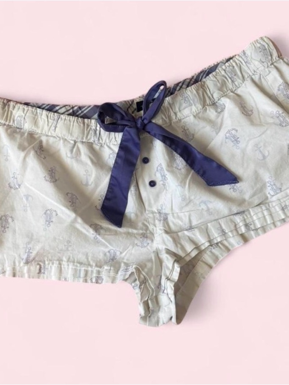 Faded Glory Cream Nautical Anchor Lounge Shorts with Navy Bow